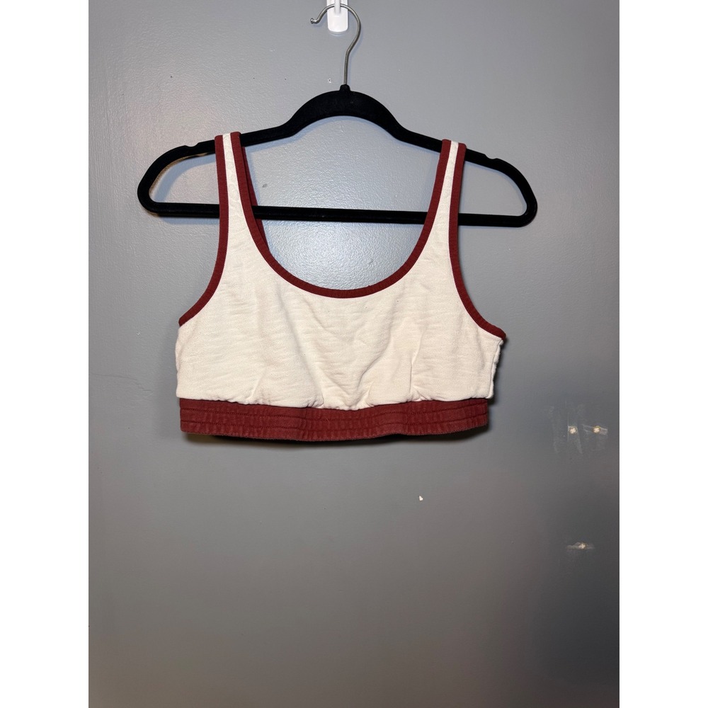 Madewell MWL Womens Large Cotton Sports Bra Bralette Cream Burgundy Red Trim